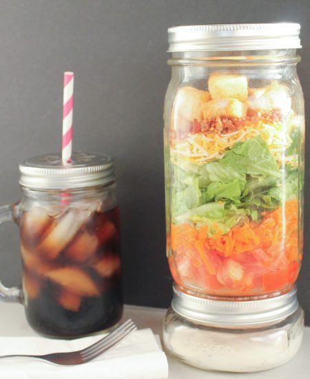 salad and drink in a mason jar