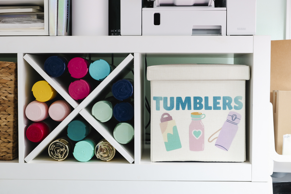 Sublimation organization bin on cube shelf.