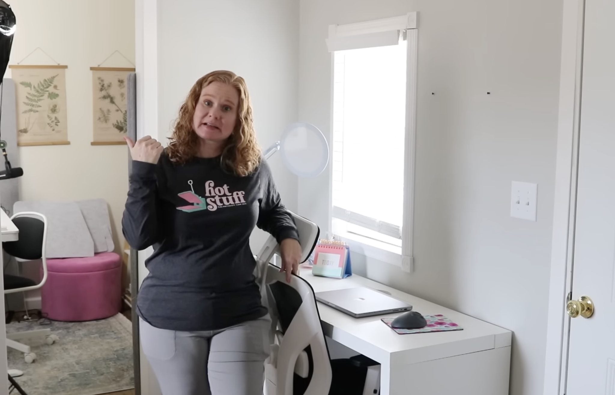 Close up of desk location compared to podcast recording room.