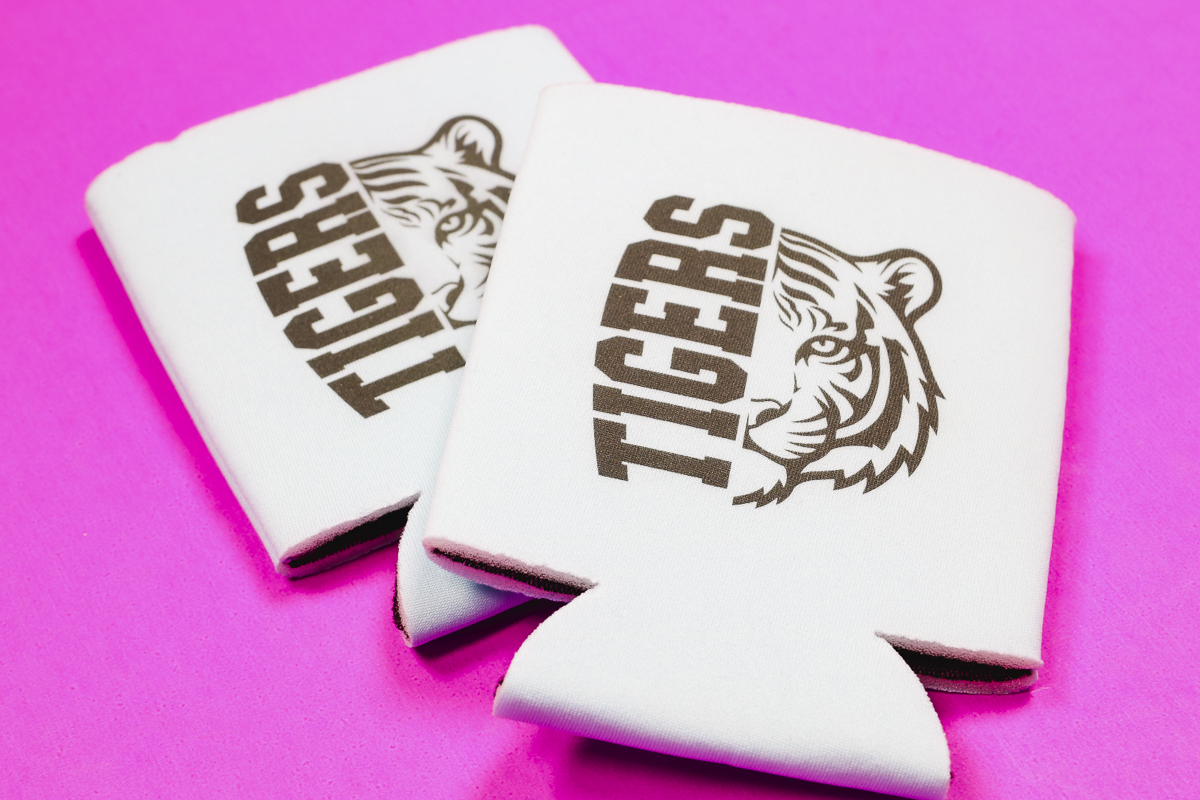 UV printed can koozie with school mascot.