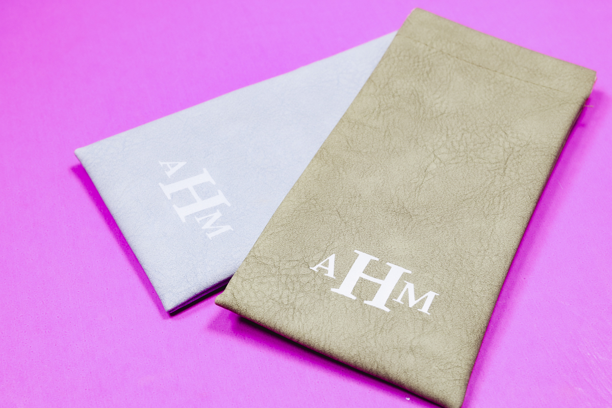 Close-up of finished UV printer eyeglasses cases.