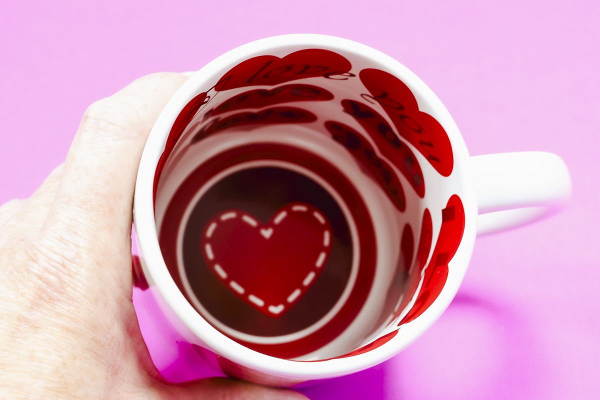 Close up of inside of Valentine's Day mug.