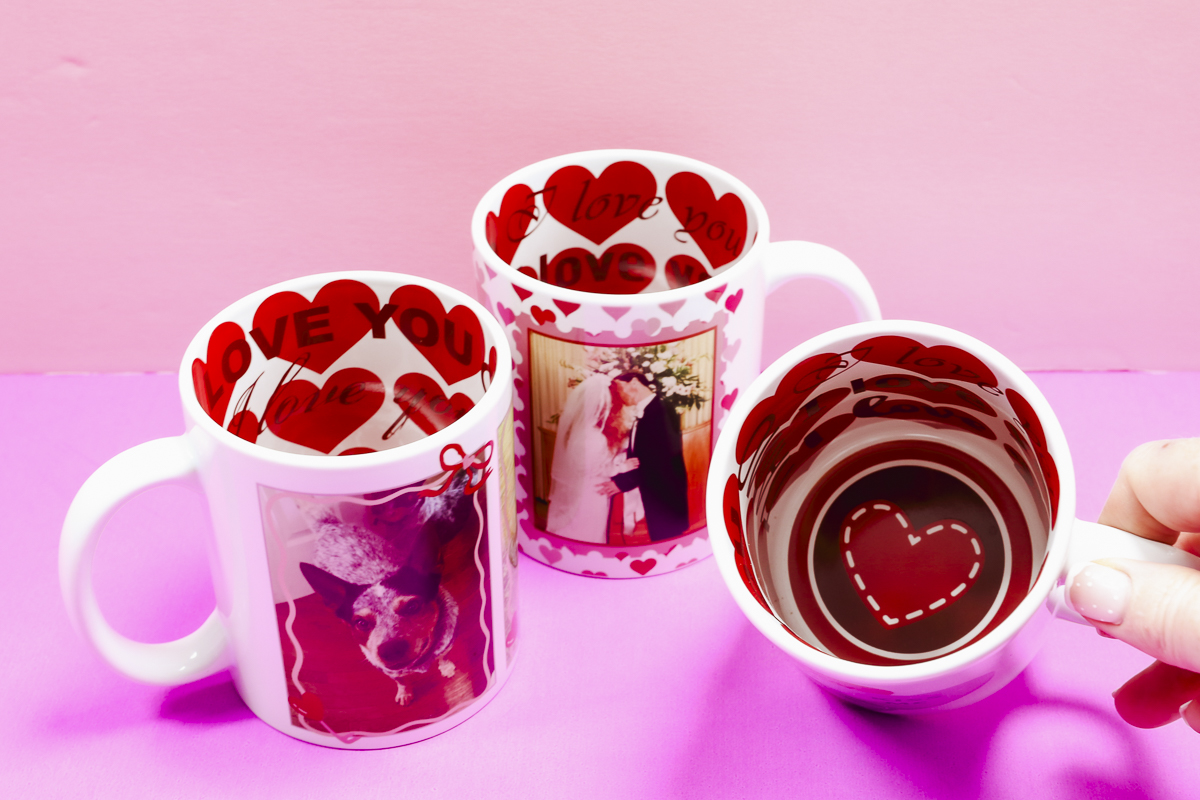 Collection of finished Valentine's Day mugs.