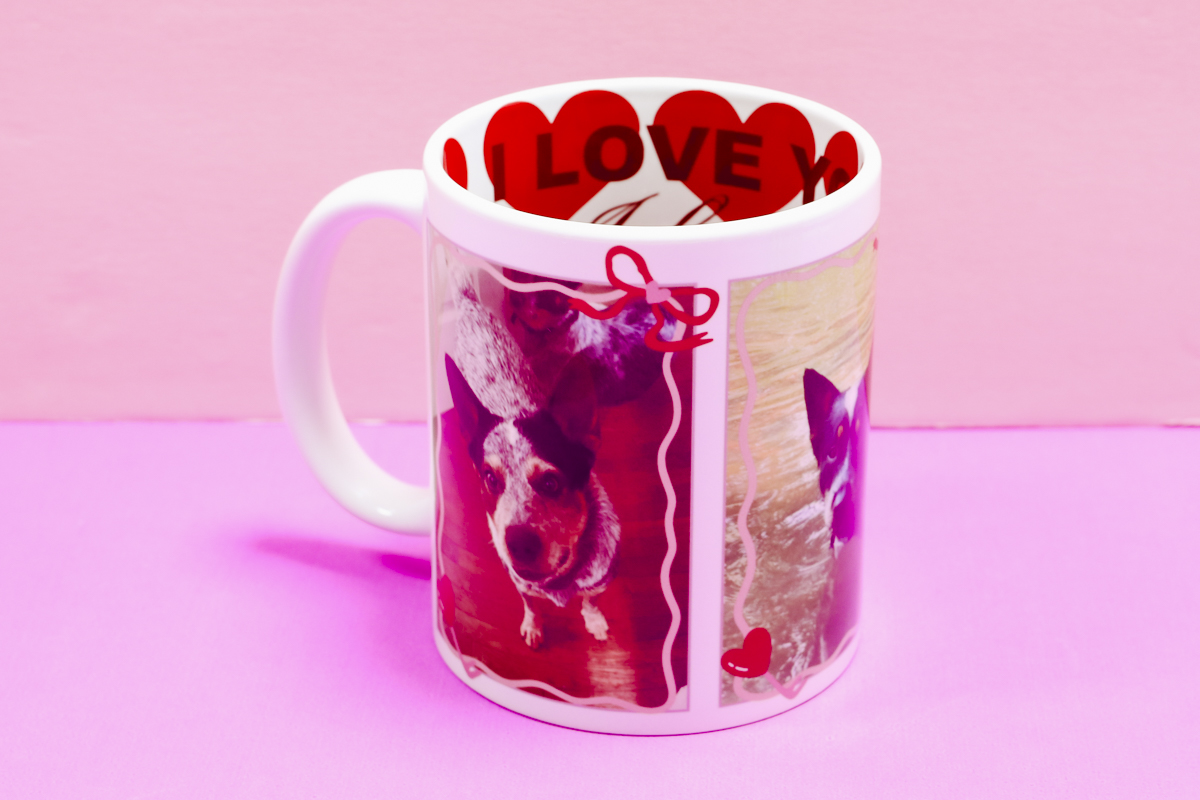 Close up of finished pet Valentine's Day mug.