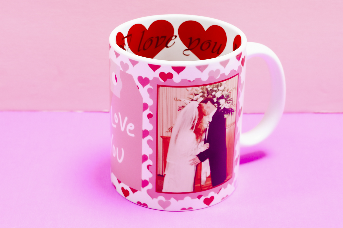 Close up of photo mug with tag design.