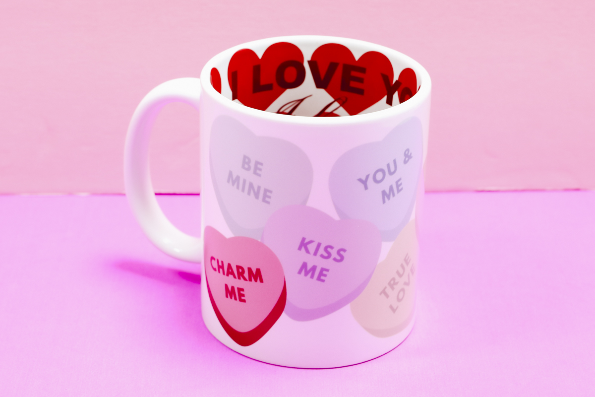 Close up of conversation heart Valentine's Day Mug.