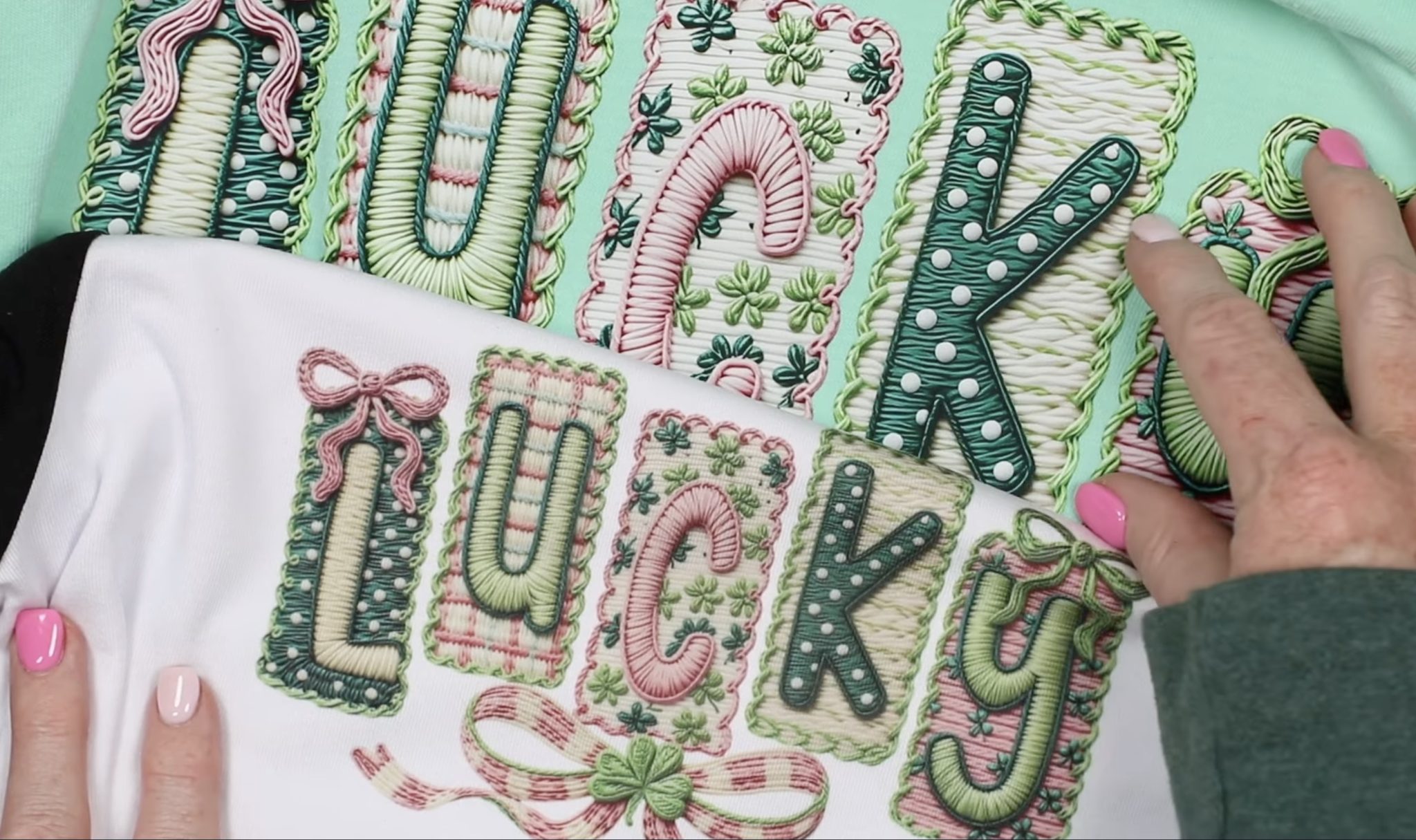 Comparing DTF and sublimation knit look designs on fabric.