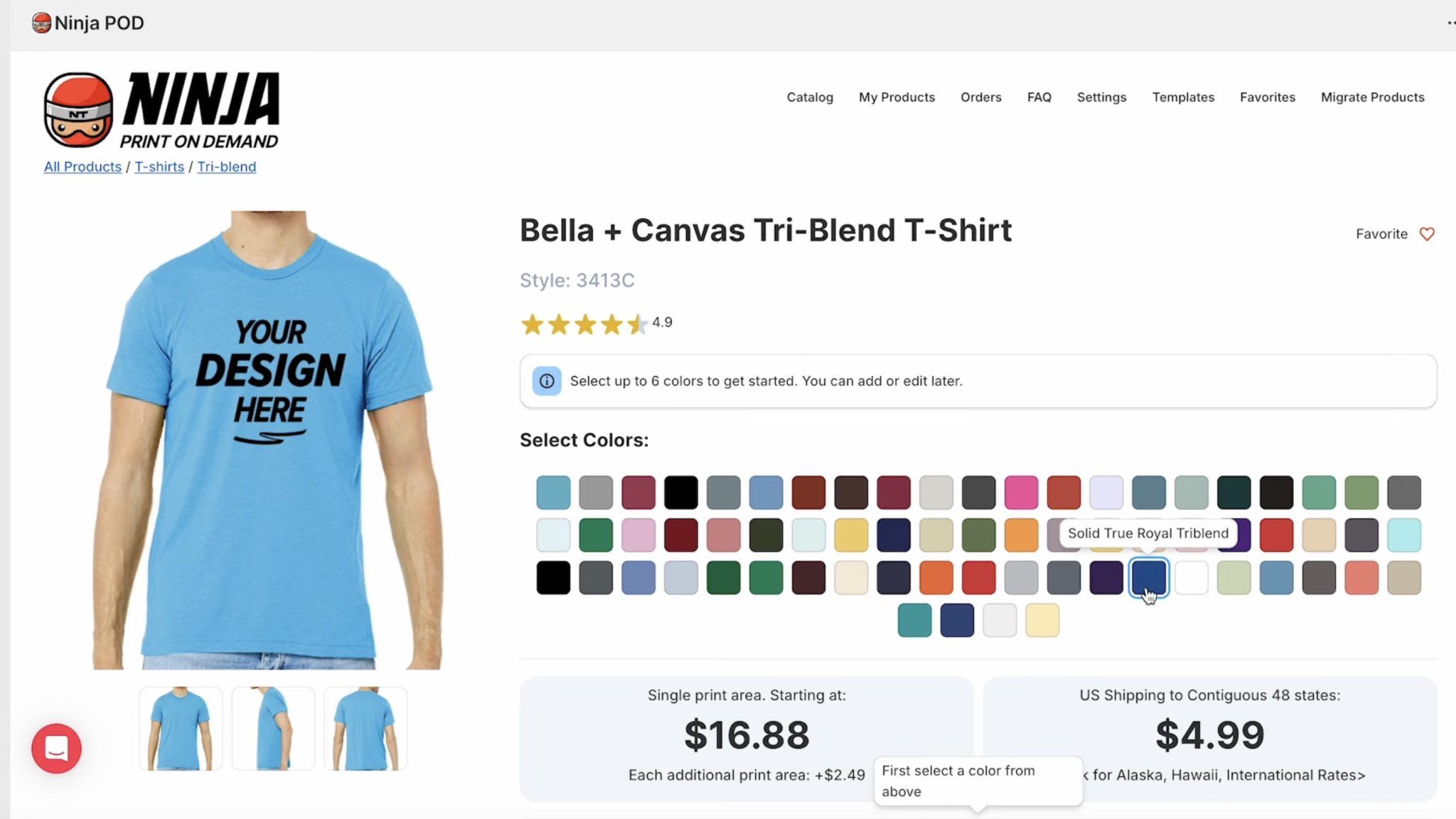 BELLA+CANVAS shirt color options on Ninja Print on Demand.