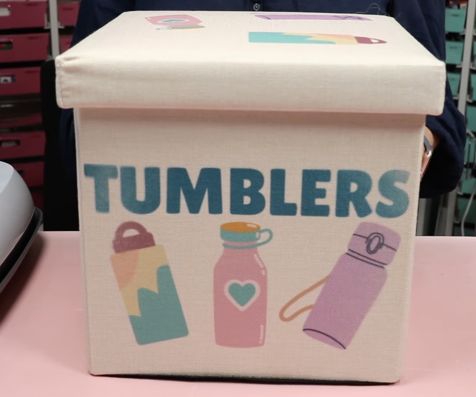 Close up of tumblers bin.
