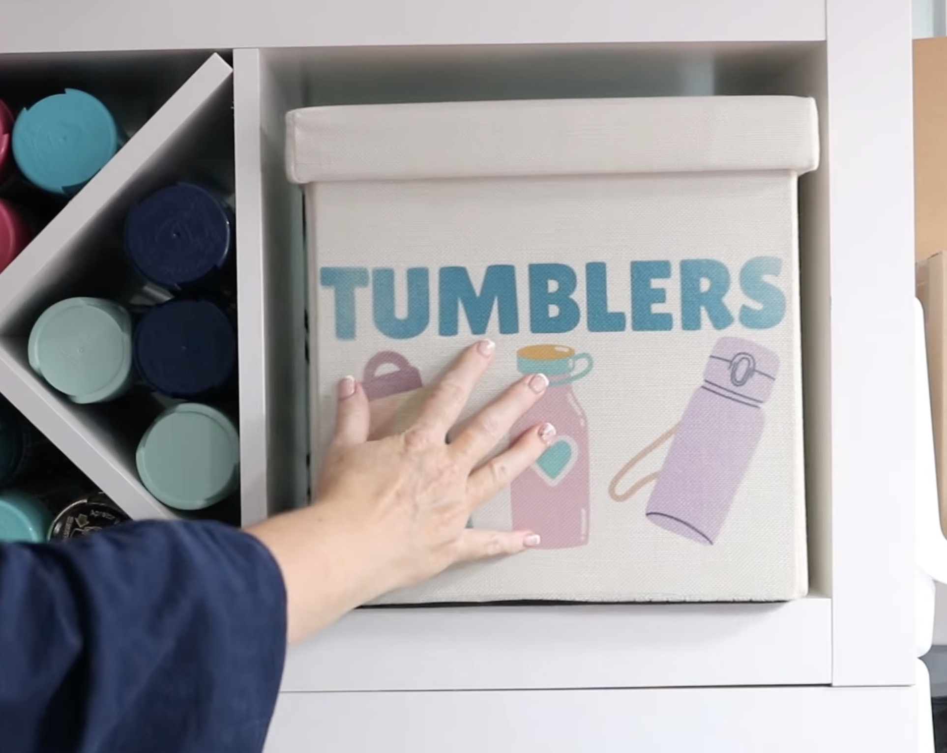 Finished sublimation organization bin on cube shelf.