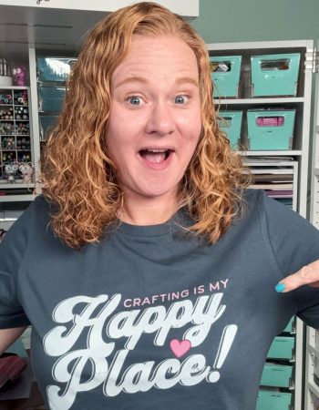 angie holden wearing happy place shirt made with print on demand