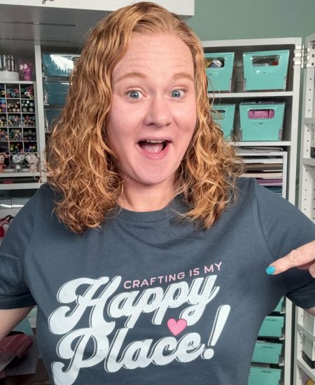 angie holden wearing happy place shirt made with print on demand