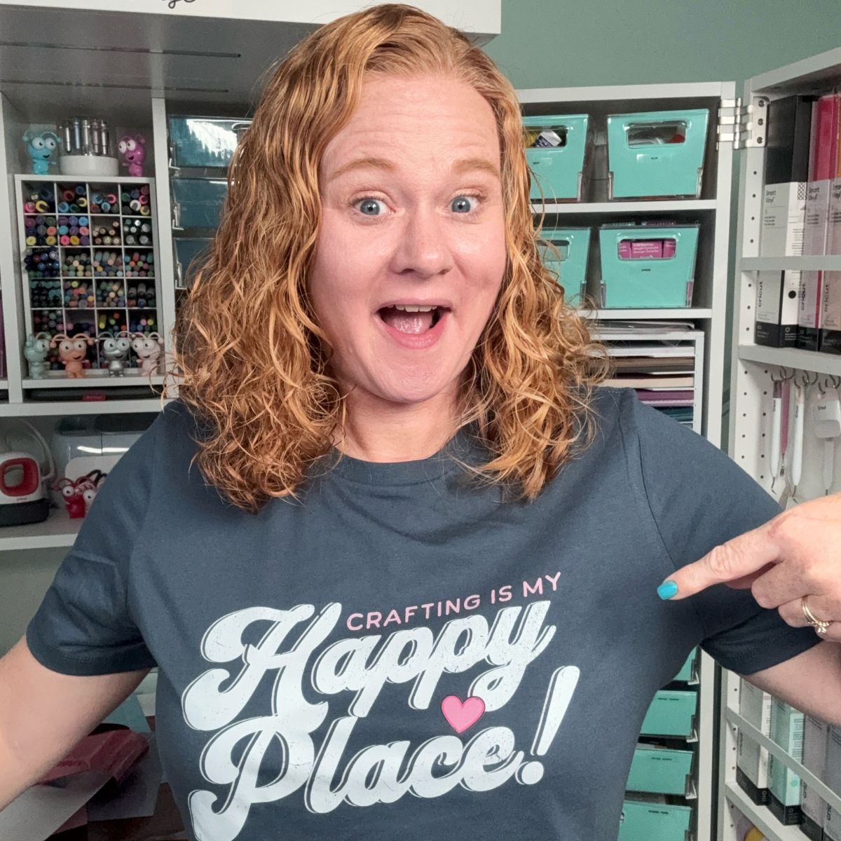 angie holden wearing happy place shirt made with print on demand