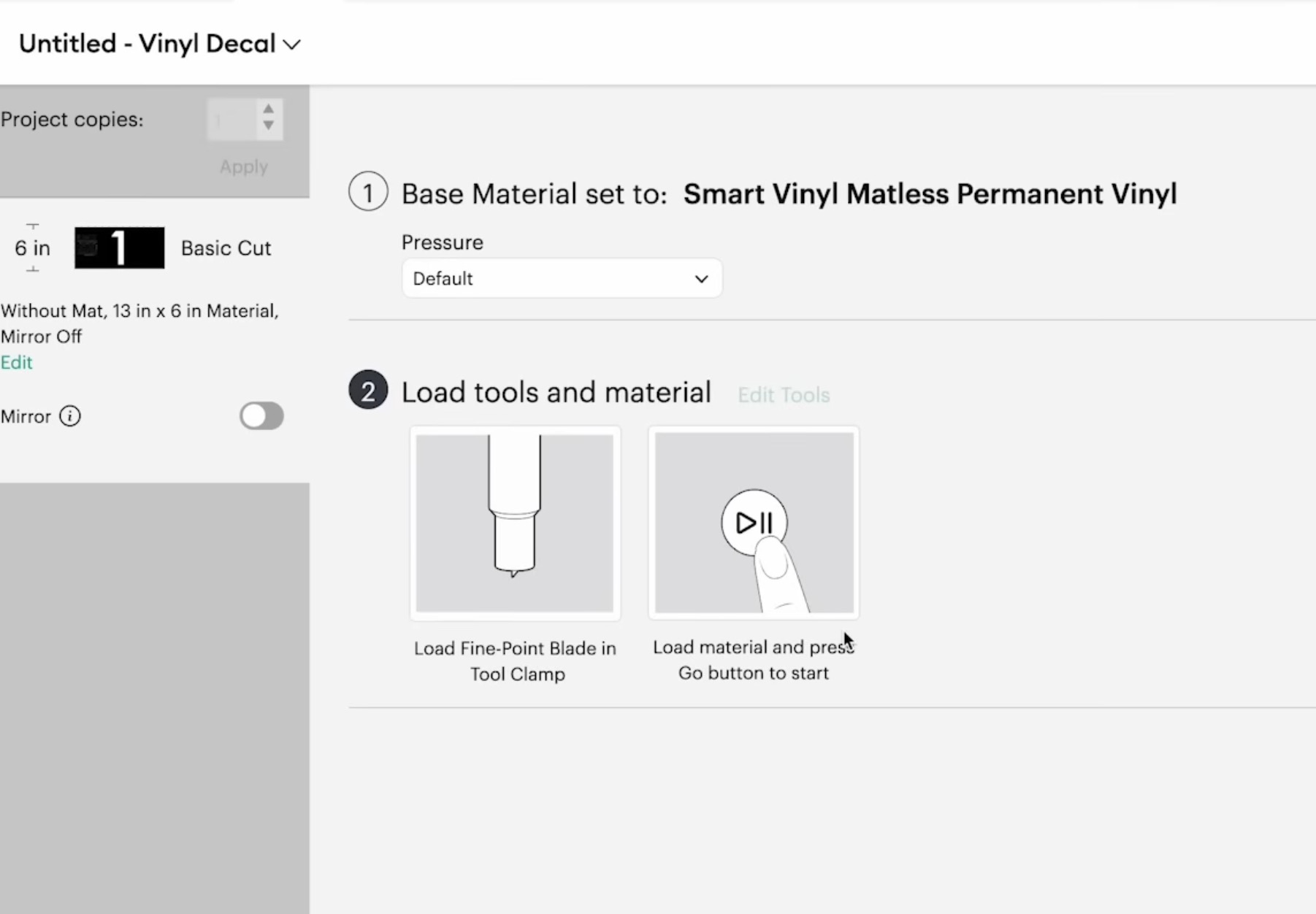 Review settings before cutting.