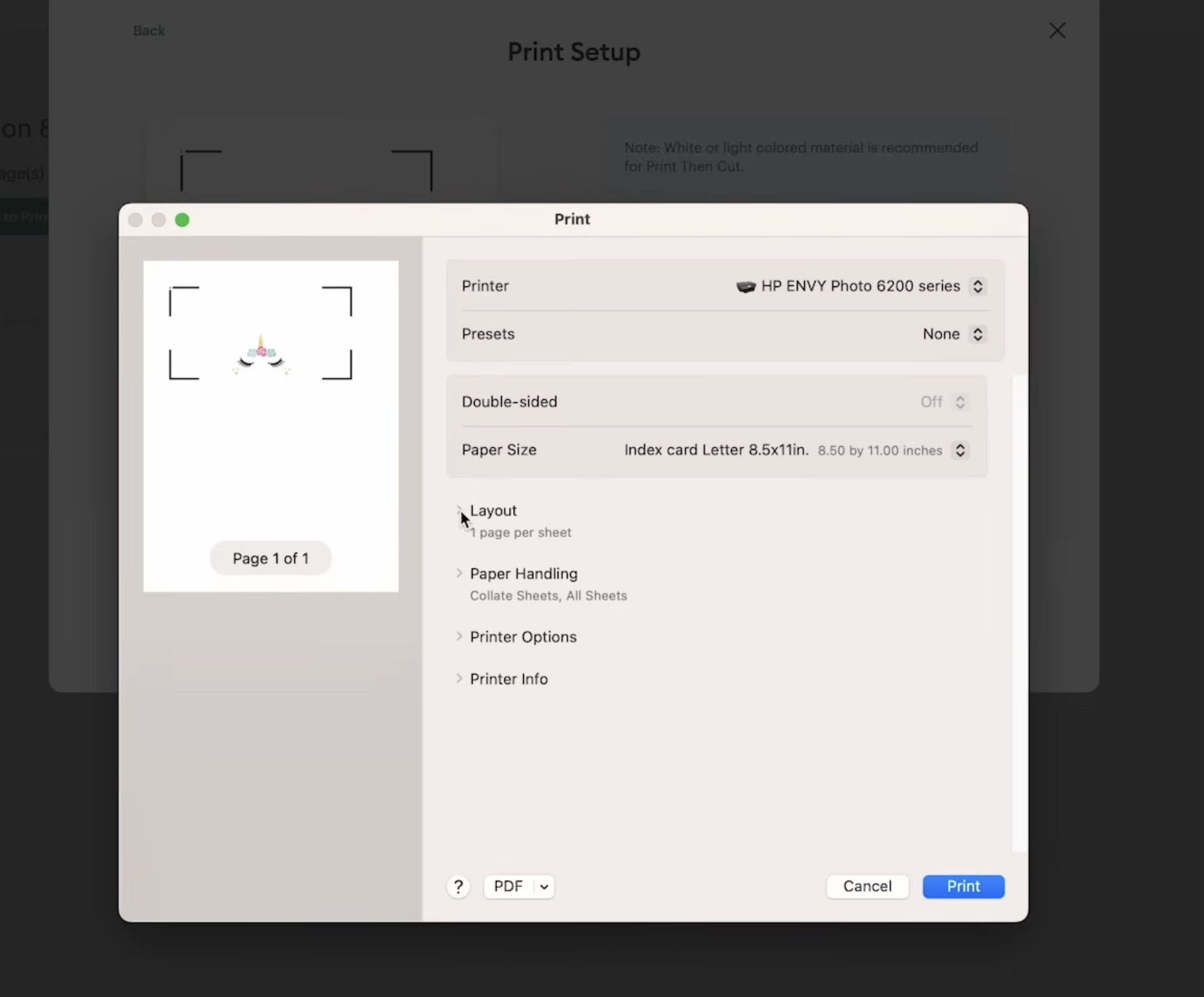 Print Dialog box in Design Space.