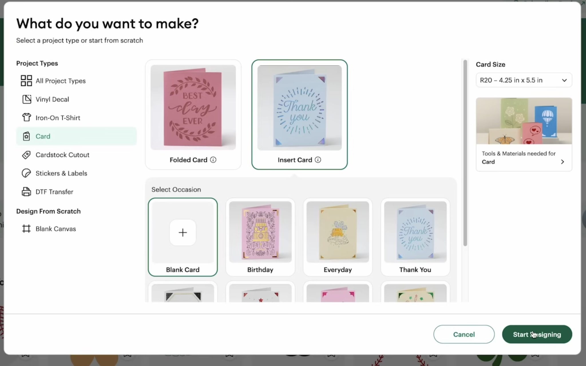 Choose Insert Card in Design Space.