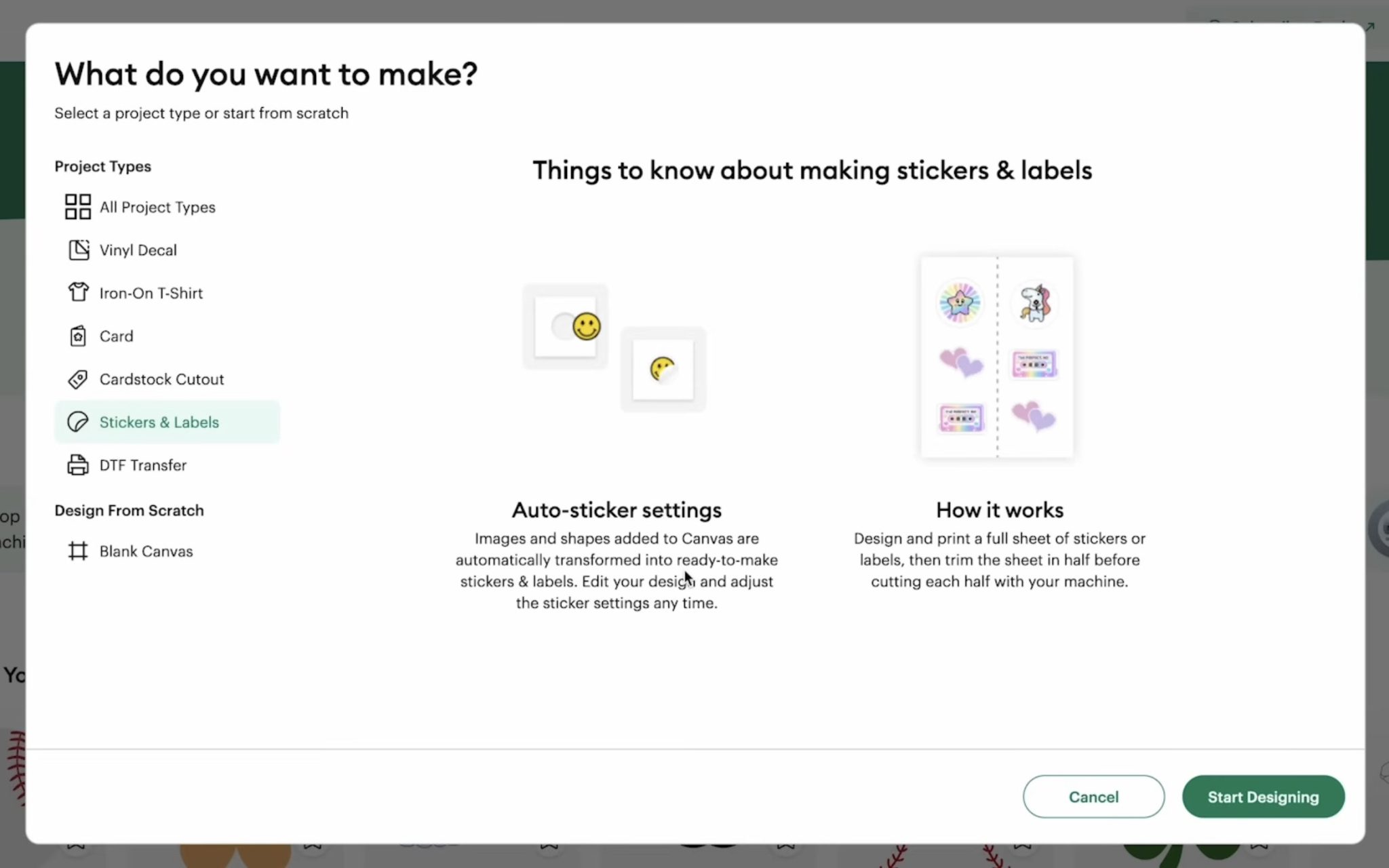 Print Then Cut sticker setup.