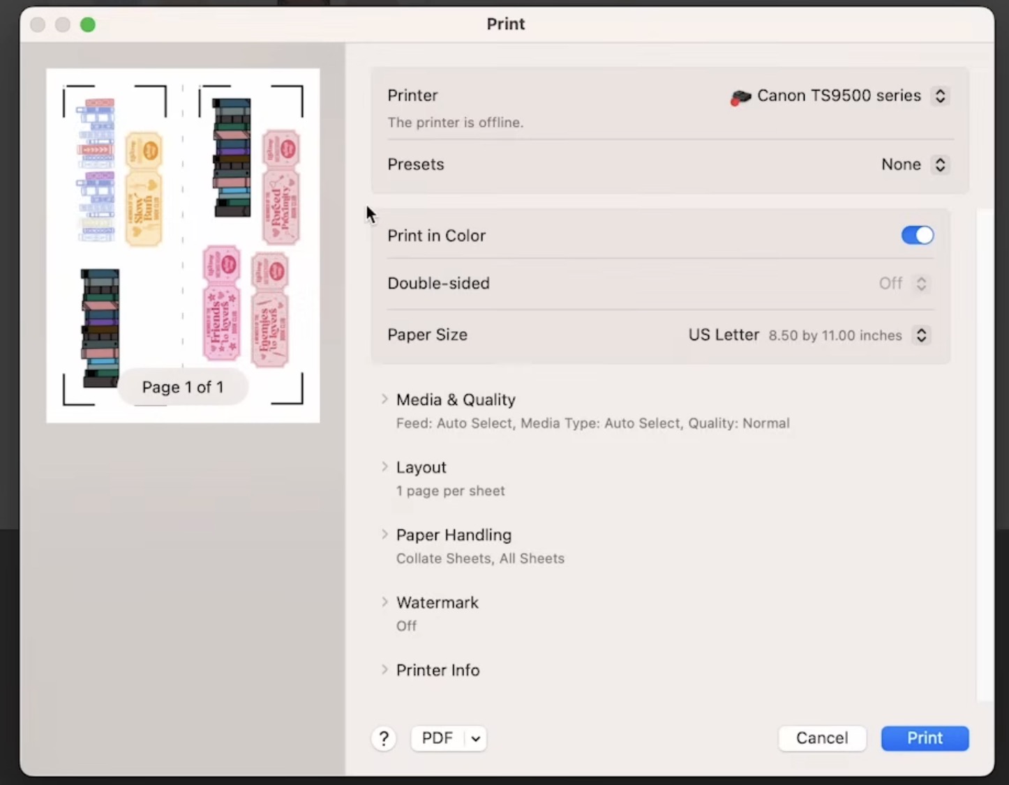 System Dialog box for printing.