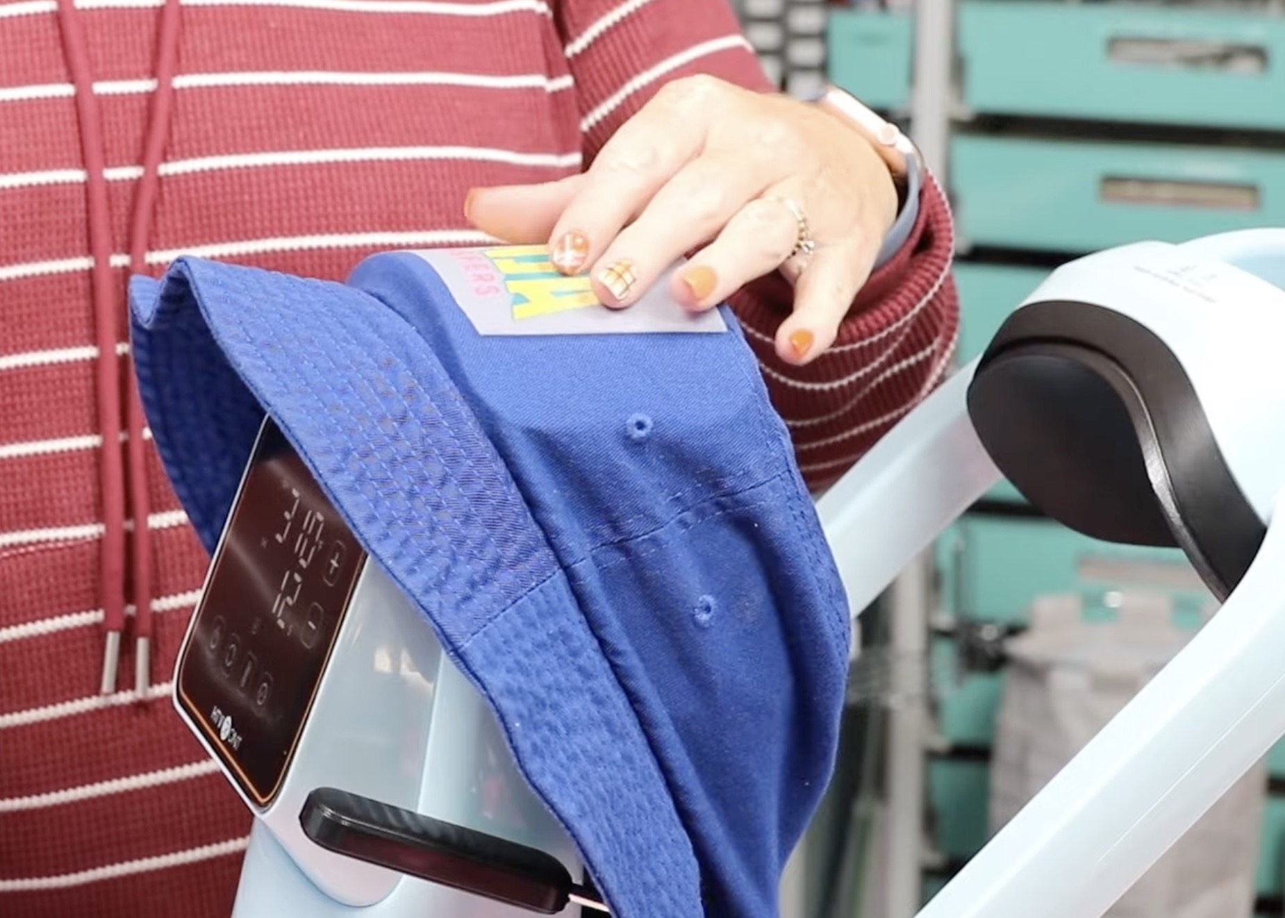 Locate the DTF print on the bucket hat.