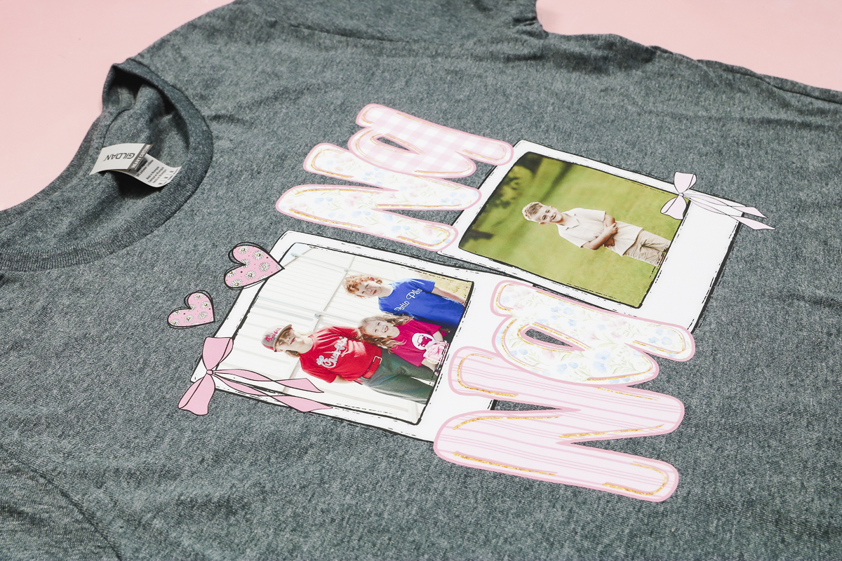 Finished DTF photo design on grey shirt.