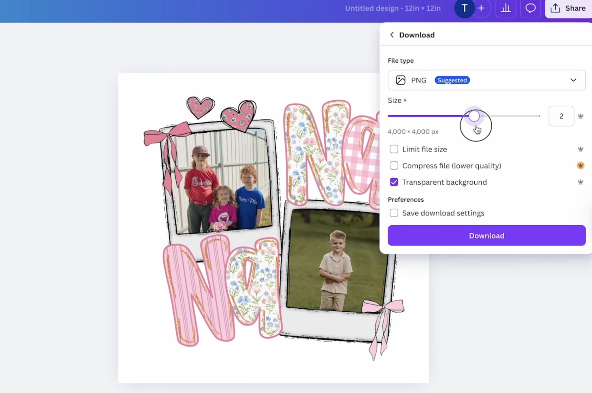 Resize file size in Canva.