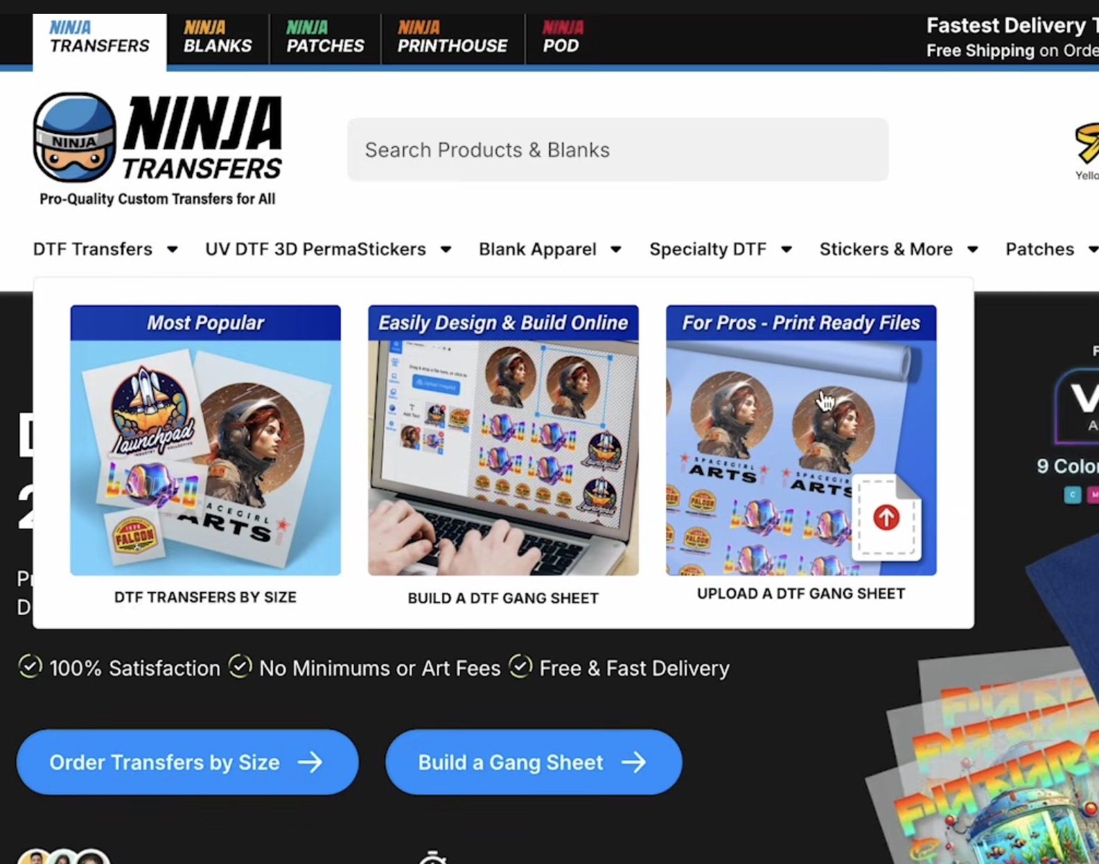 Ninja Transfers website for ordering DTF prints.