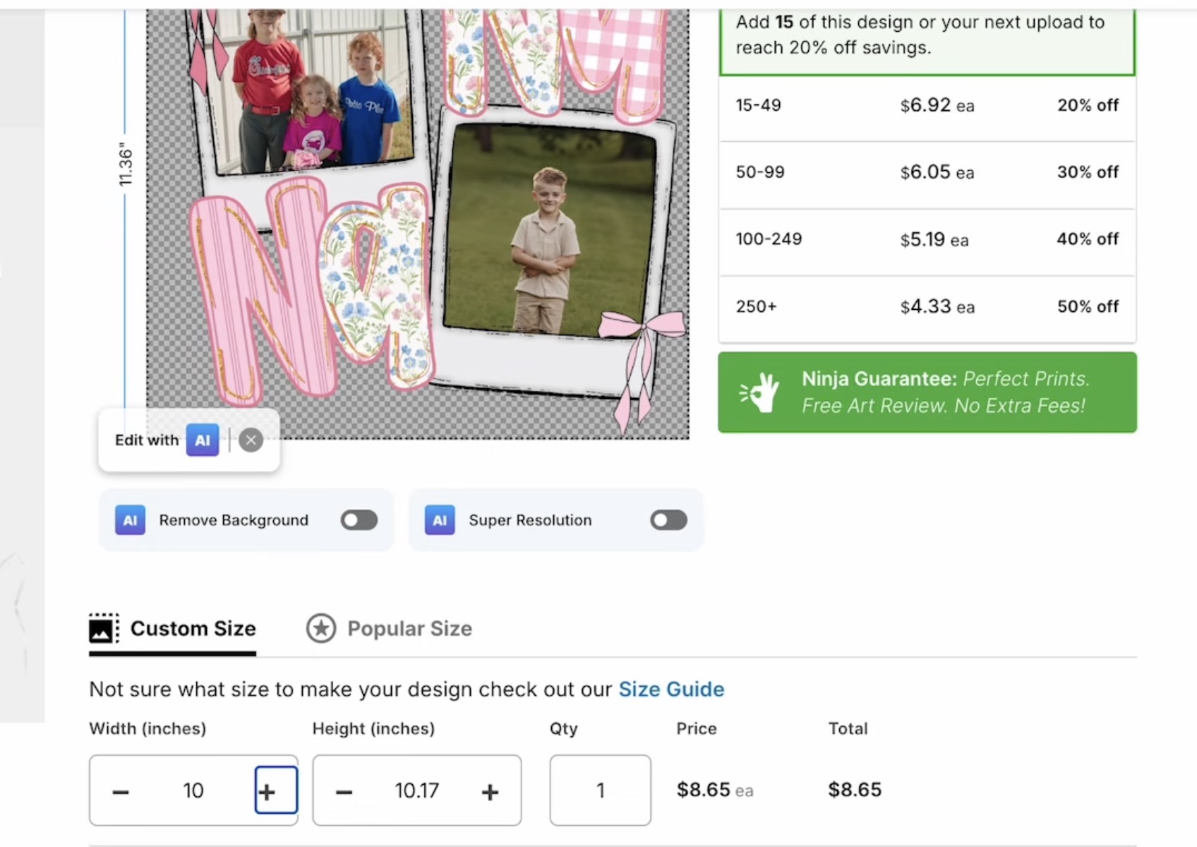 Check DTF design size before ordering.