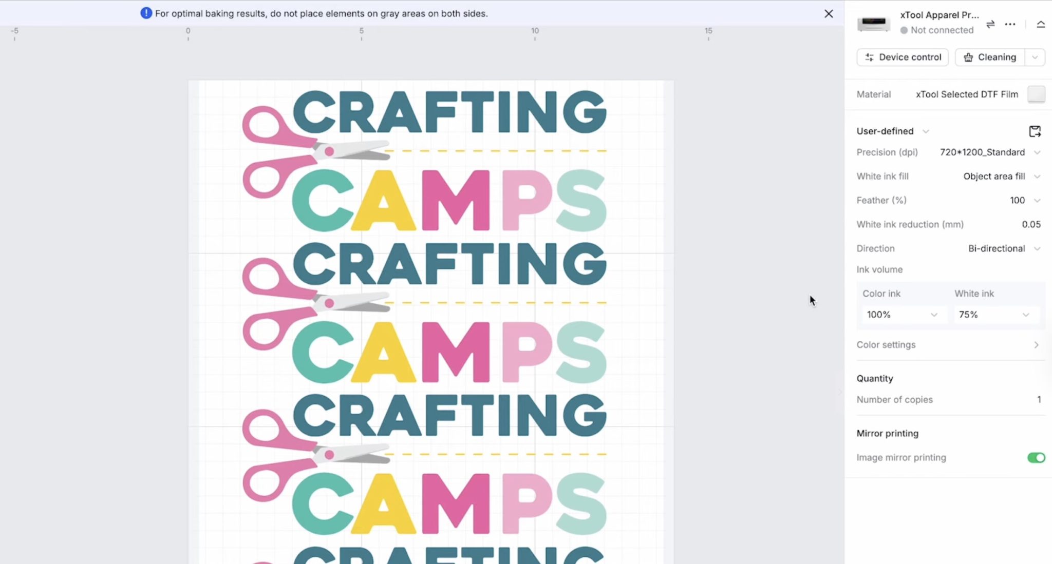 Design and ink settings in xTool Studio.