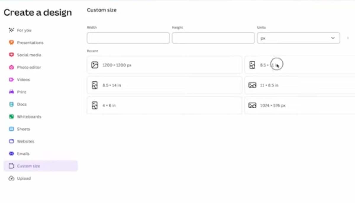 Create a custom canvas size in Canva.