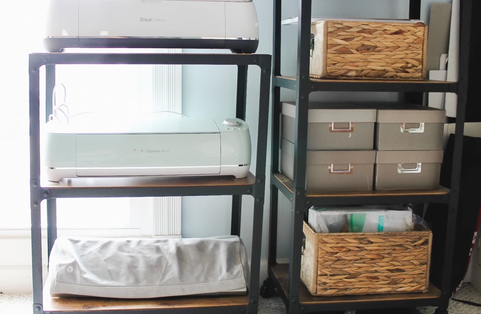 Cricut shelf in living room.