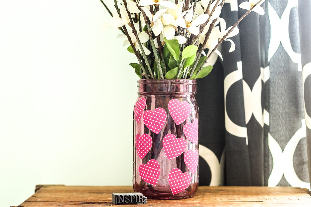 pink mason jar with polkadot hearts