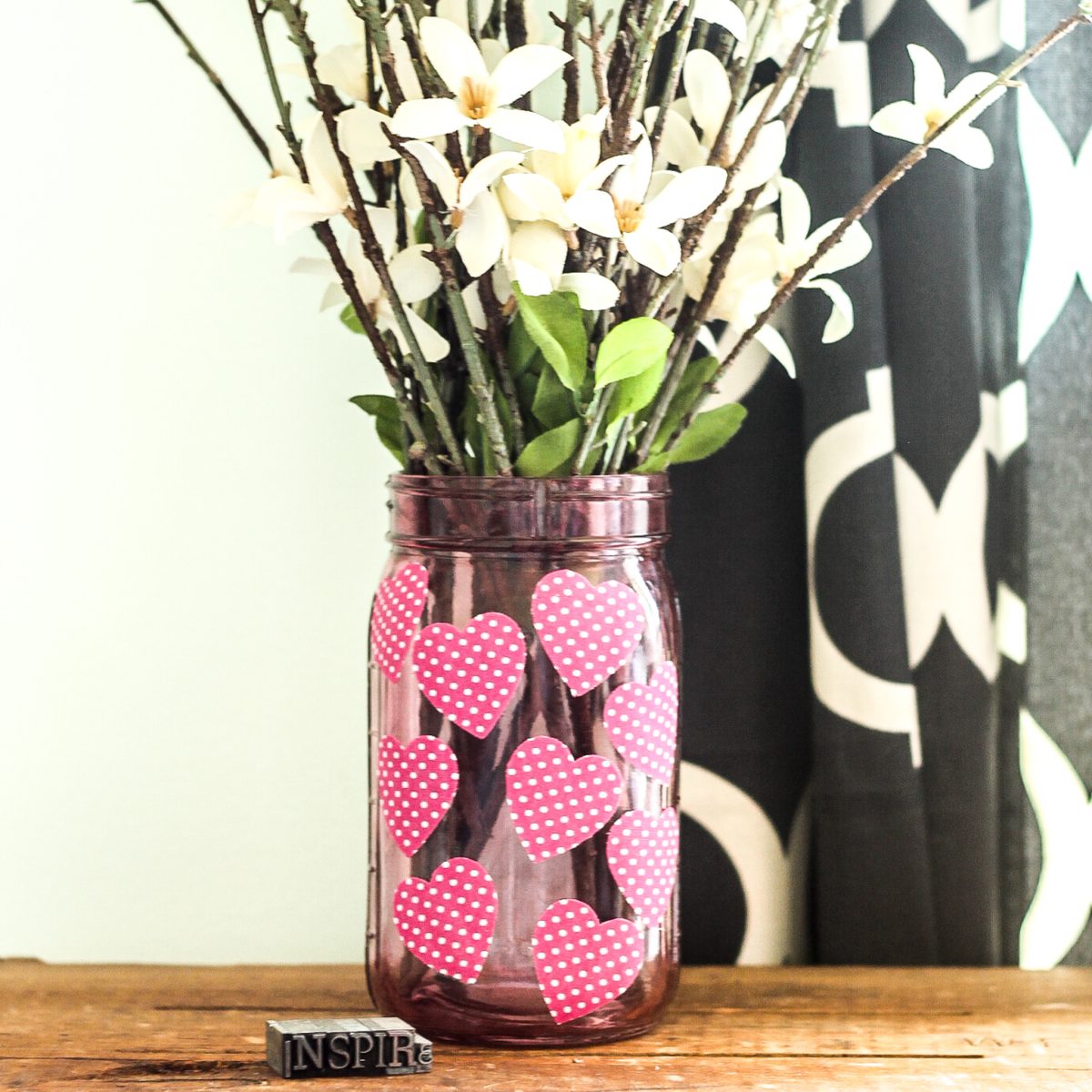 cute fabric hearts on a pink jar