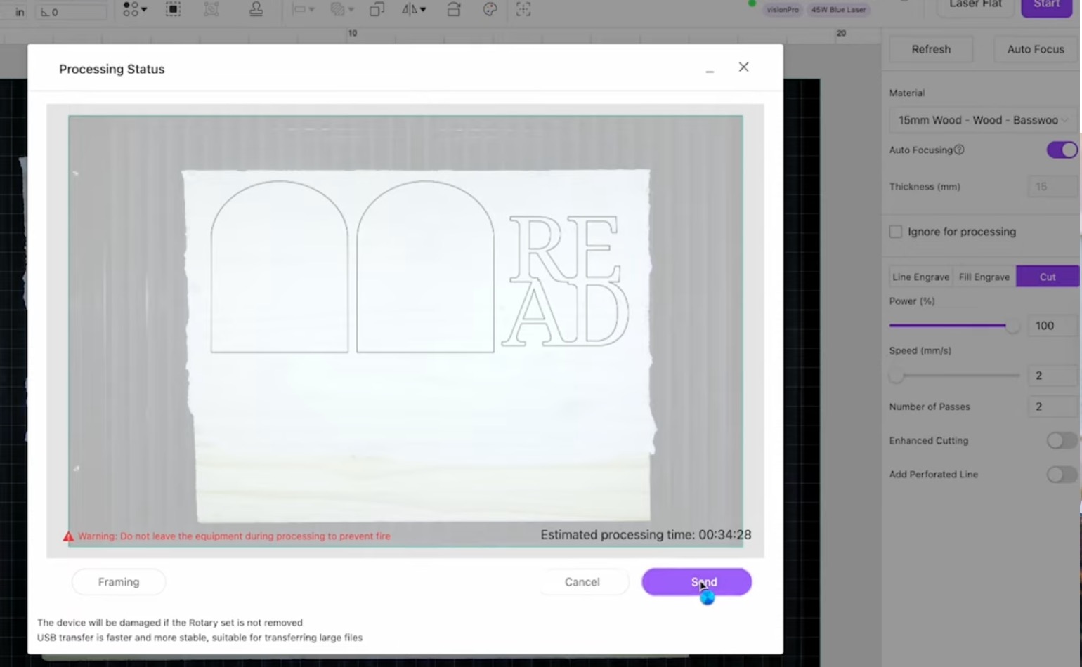 Choose the settings and send to the laser.