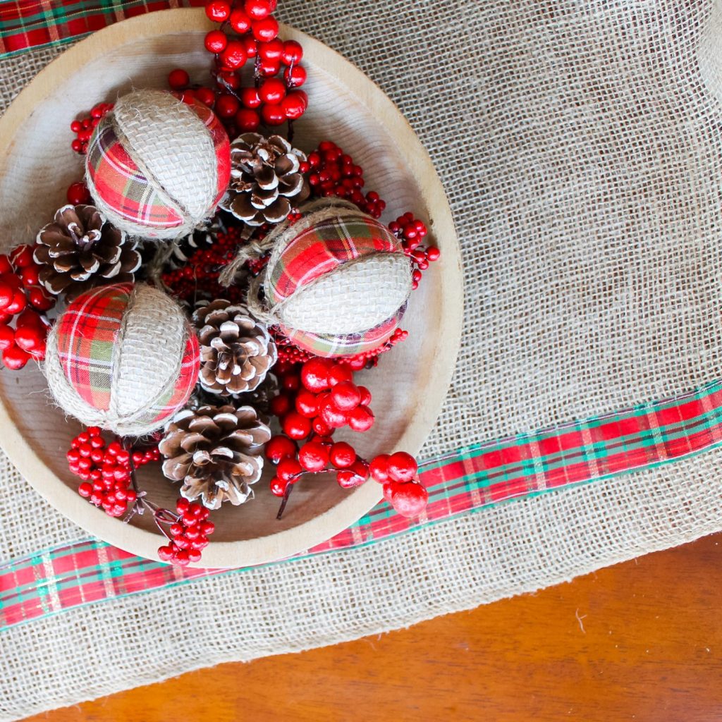 Christmas table runner made from burlap and plaid