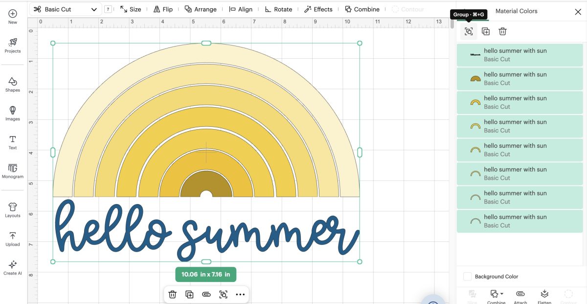 Hello Summer SVG uploaded in Design Space.