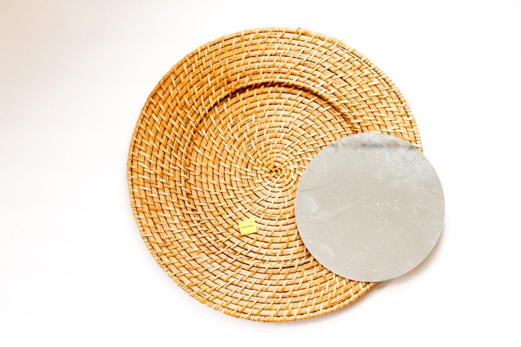 Woven Mirror Knock Off from a $1 Plate Charger at The Country Chic Cottage mirror and thrifted woven charger