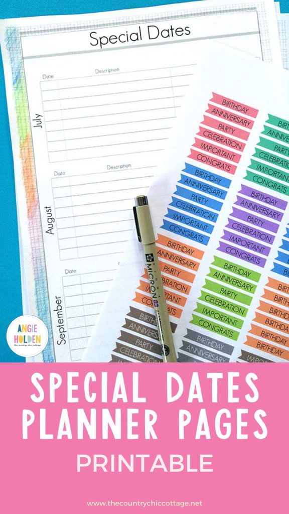 printable special dates planner pages