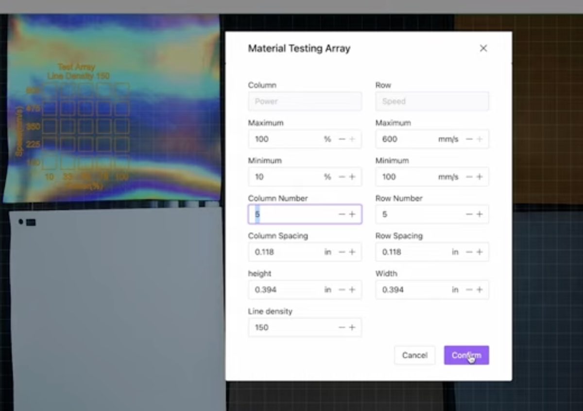 Test array laser engraving parameters.