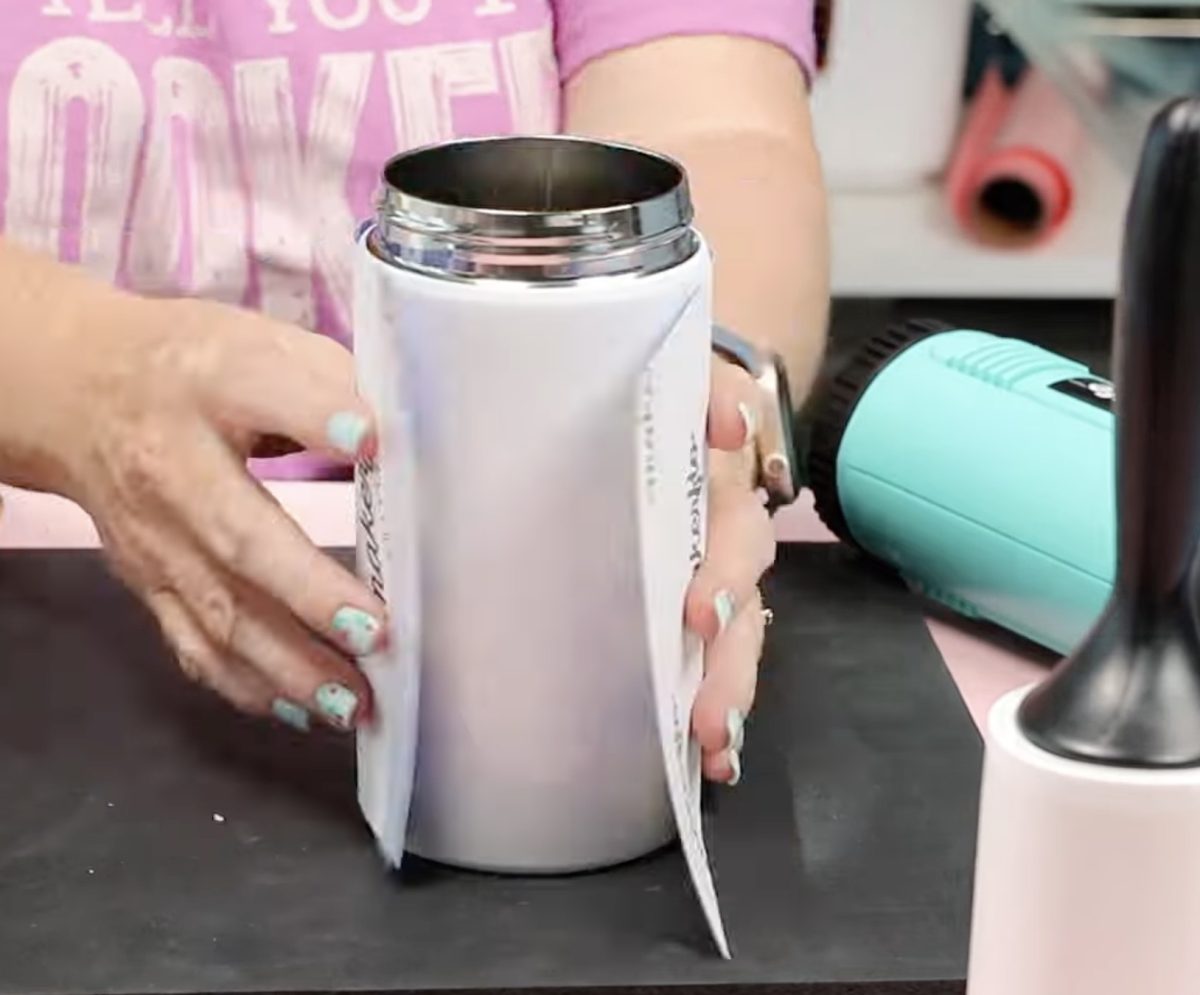 Wrap sublimation print around tumbler.