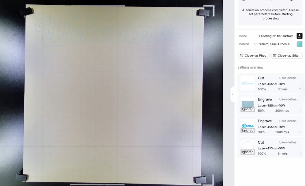 Preview the material in the laser.
