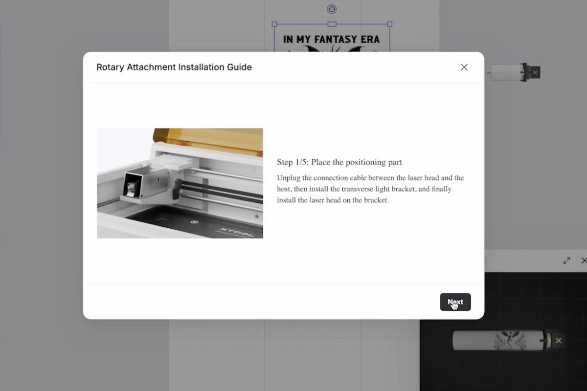 Rotary accessory guide in xTool Studio.