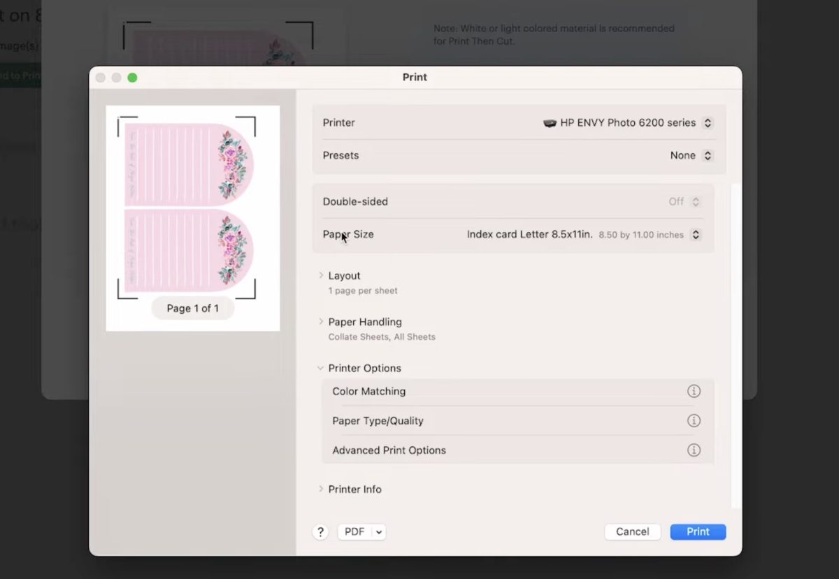 Adjust print settings in the Print Dialogue.