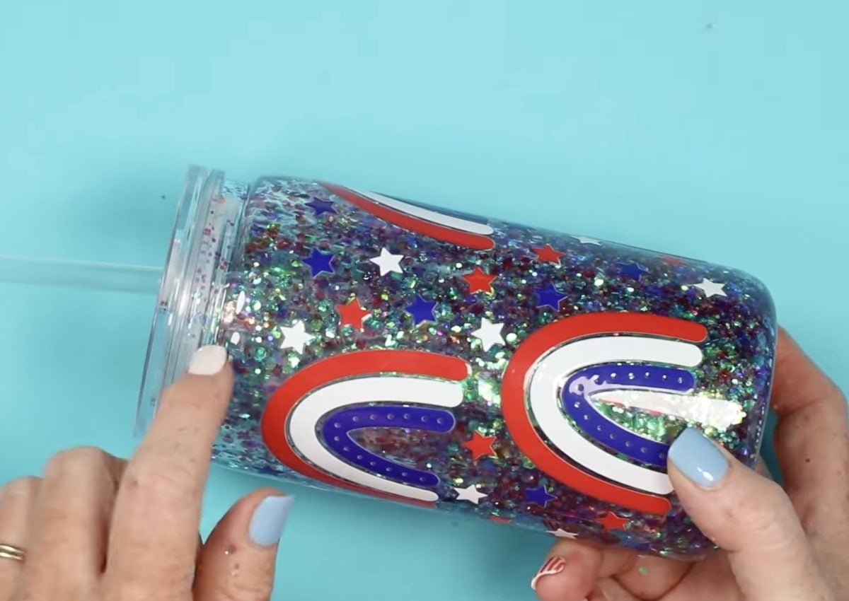 Close up of the medium flow solution glitter tumbler.