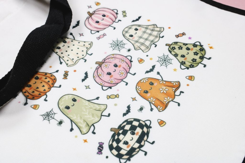 Close up of finished tote bag with Halloween print from the F370.