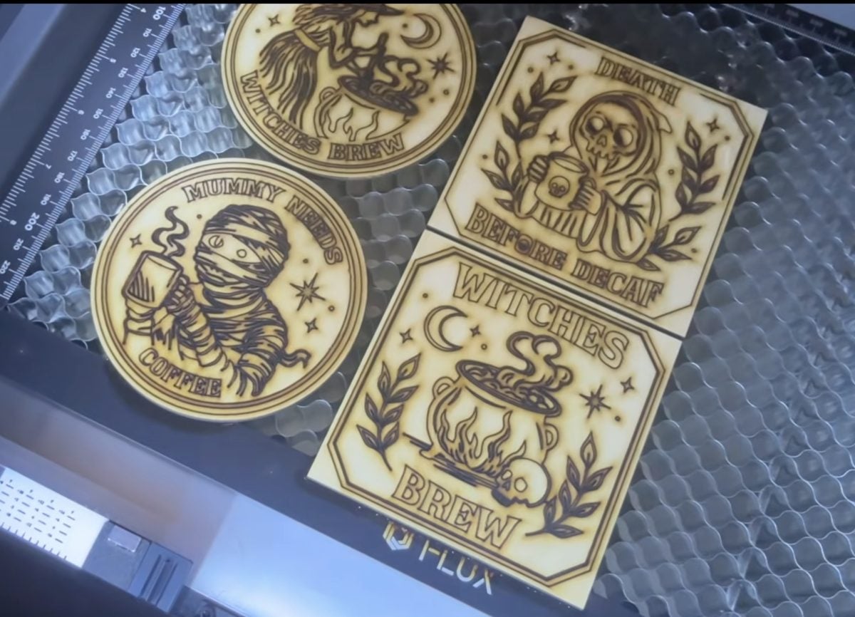 Wood Halloween coasters before cleaning.