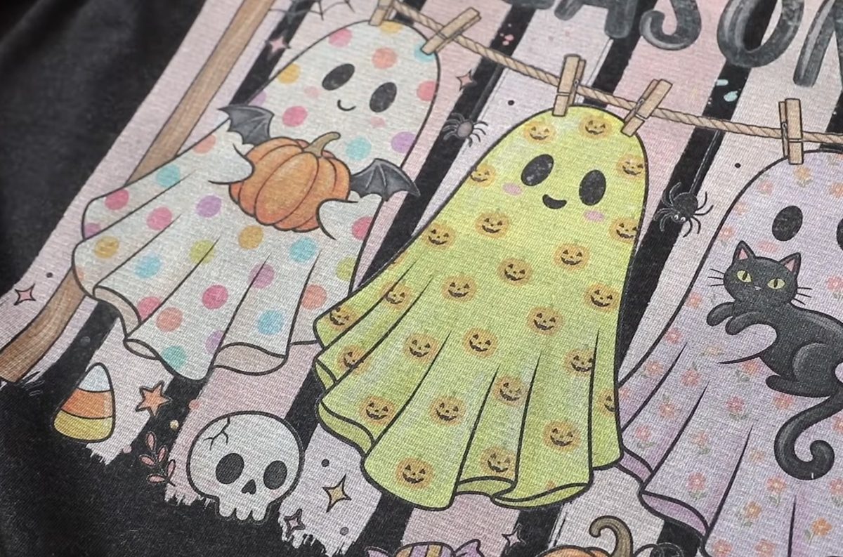 Close-up of the finished DTG shirt after pressing.